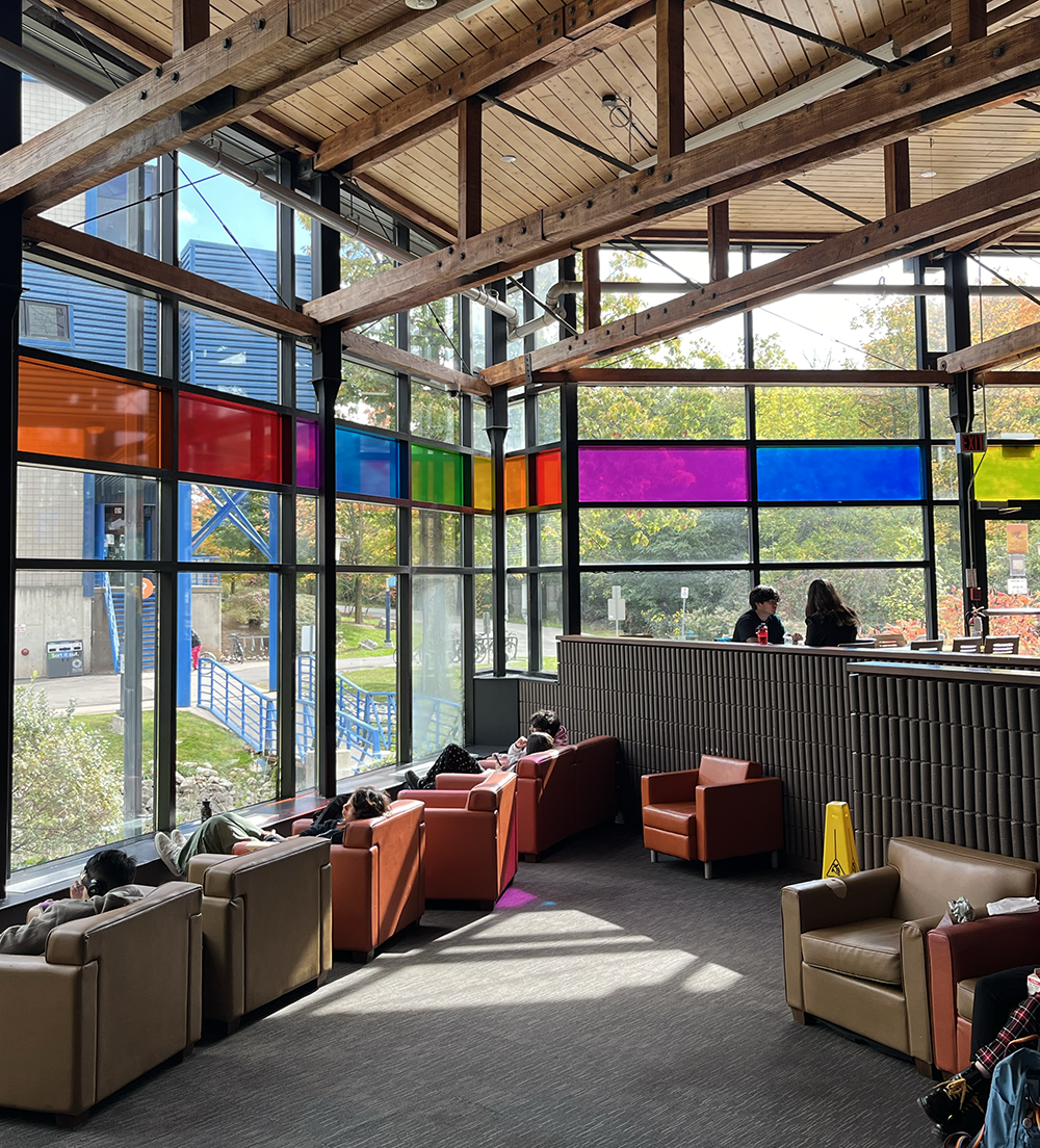 Sheridan College, dining area with colorful windows
