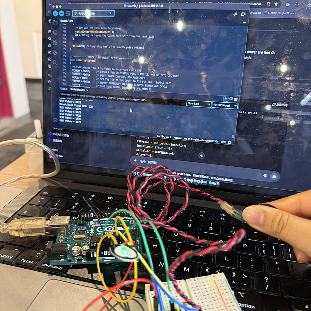 This is the first version of our testing on two sensors together using Arduino, it shows the data separately by having real time data for force data at first, then comes out with pulse data when someone holds the pulse sensor with their hand. However, we find this method is not good when sending data to TouchDesigner, so we changed another way to show the real time data.