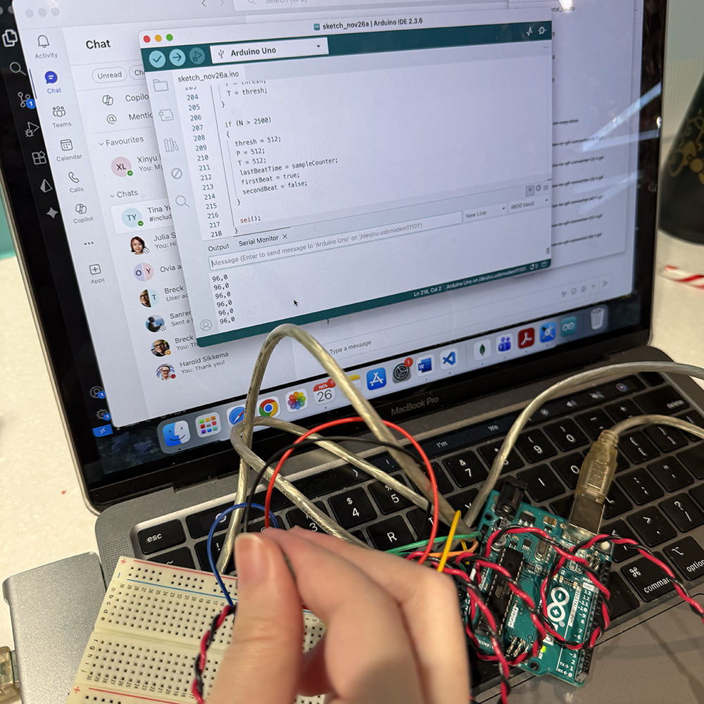 This is the final version of our Arduino testing, this shows the two datas from each sensors that we are using for this project, and this data will be sent to TouchDesigner for it to detect and trigger.