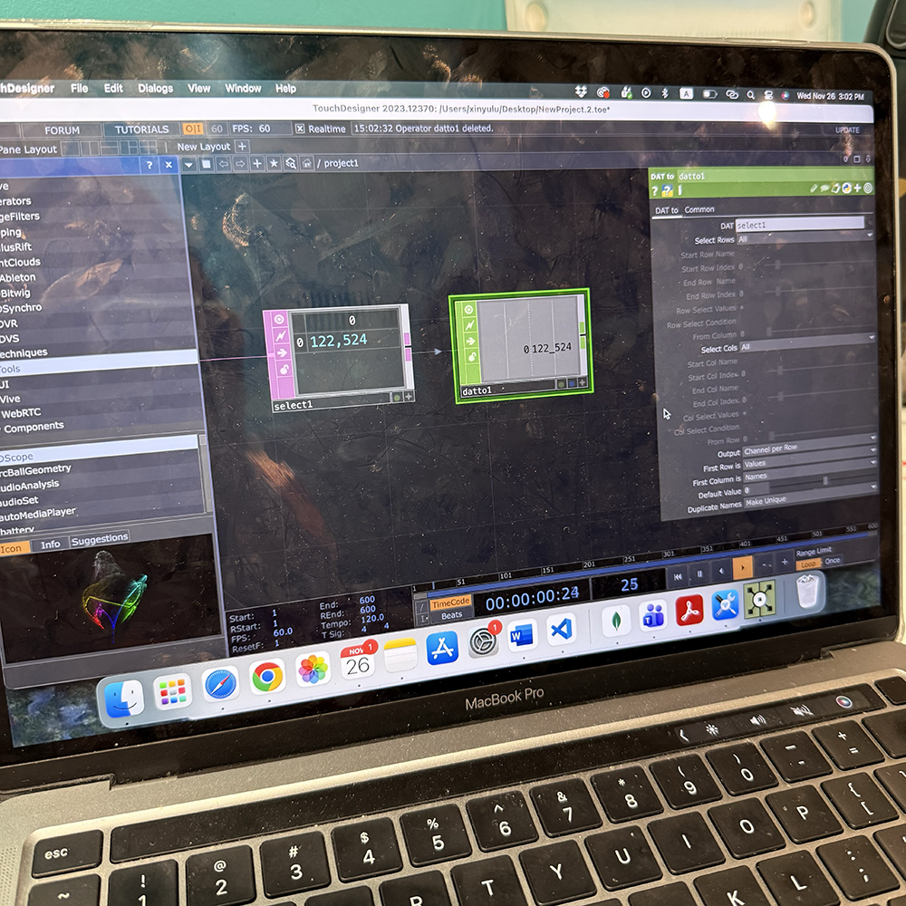 We watched some video tutorials through YouTube to learn how to allow TouchDesigner read data from our sensors using Arduino. I learned that we should use serial monitor to read the data, then using DAT to operator to let TouchDesigner always read the last updated data.