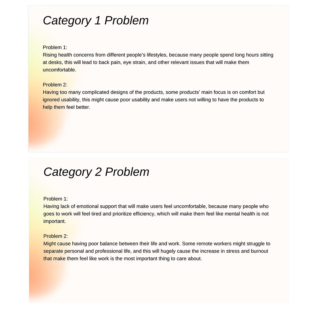 Here describes the problems that each category might face and needed to solve with.